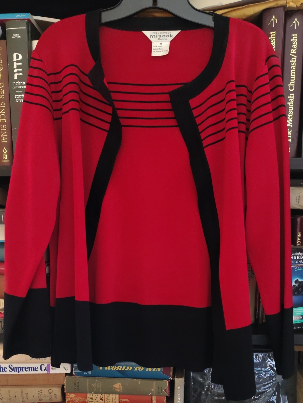 Exclusively Misook Red and Black Women's Sweater Open Cardigan Petite Medium.